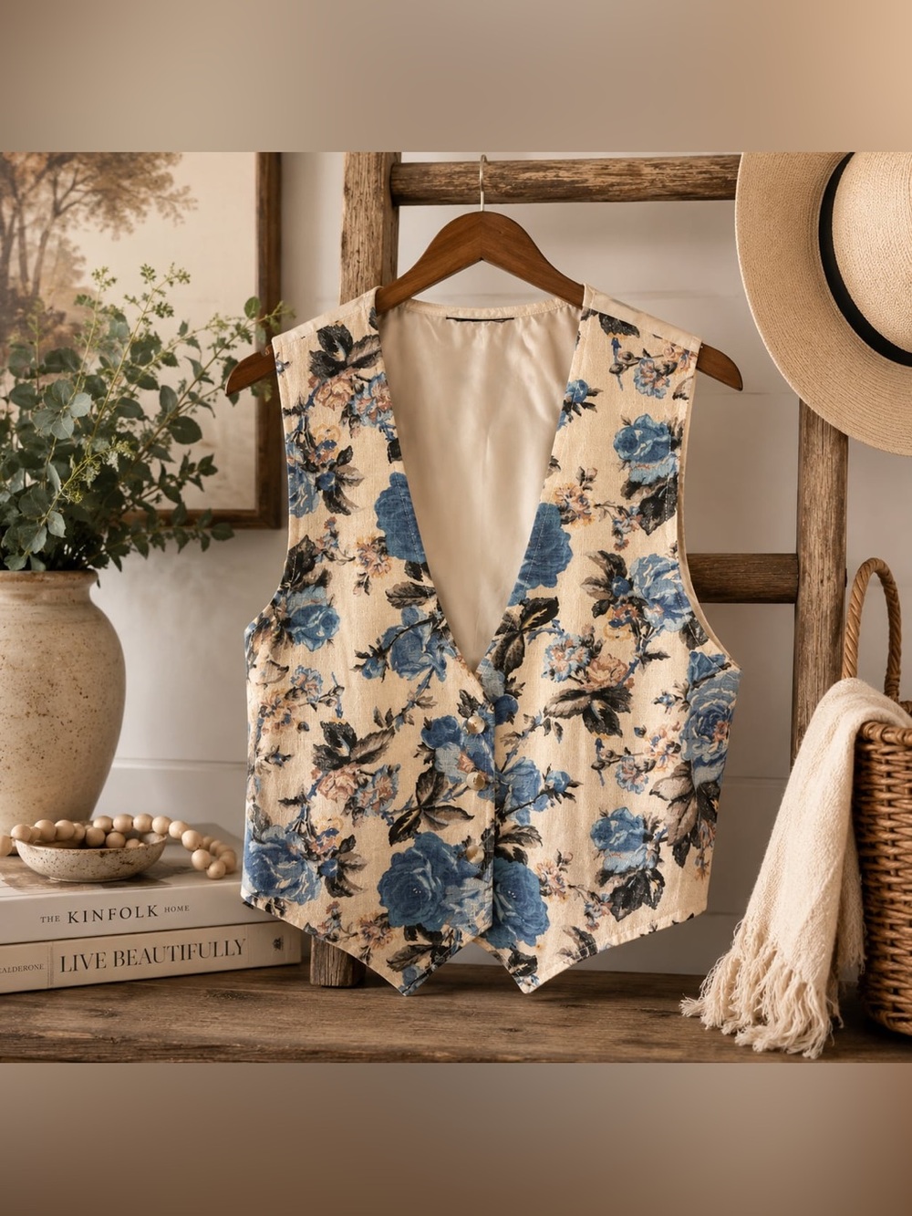 Vintage 90s Cottagecore Blue Floral Tapestry Vest